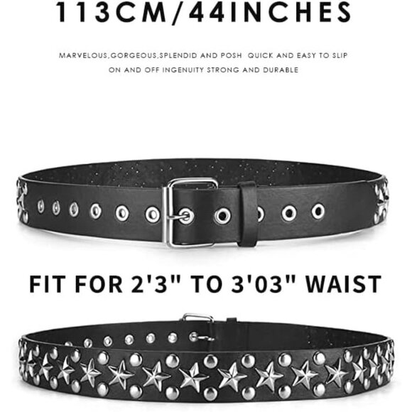 Women's 1 - Black Star Metal Punk Rock Rivet Belt With Bright Pyramid Studded - Picture 4 of 8